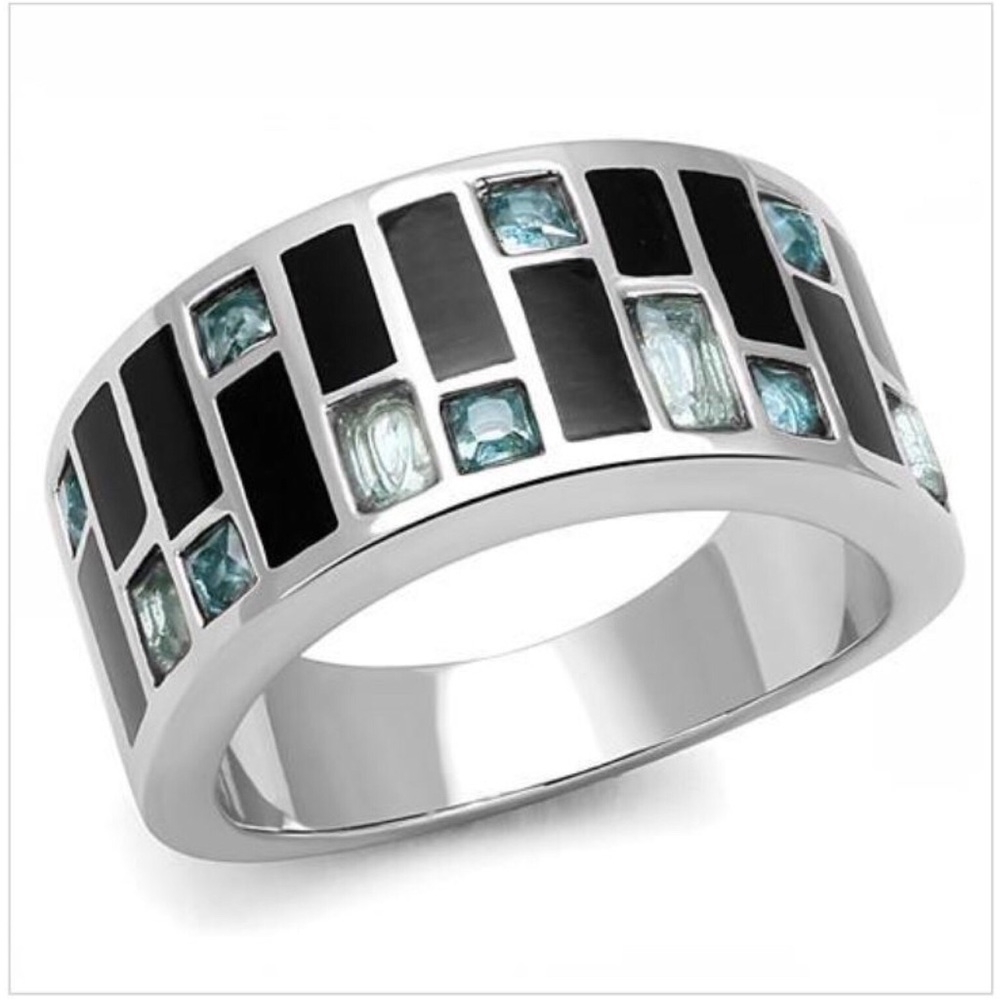STAINLESS STEEL Sea Blue CZ Art Deco Band Ring - Picture 13 of 16